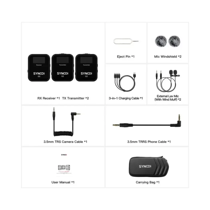 SYNCO G2(A2) Quality Dual Wireless Microphone, 2 Transmitters, 8h Recording, 200m Transmission Range, TFT Screen - Image 6