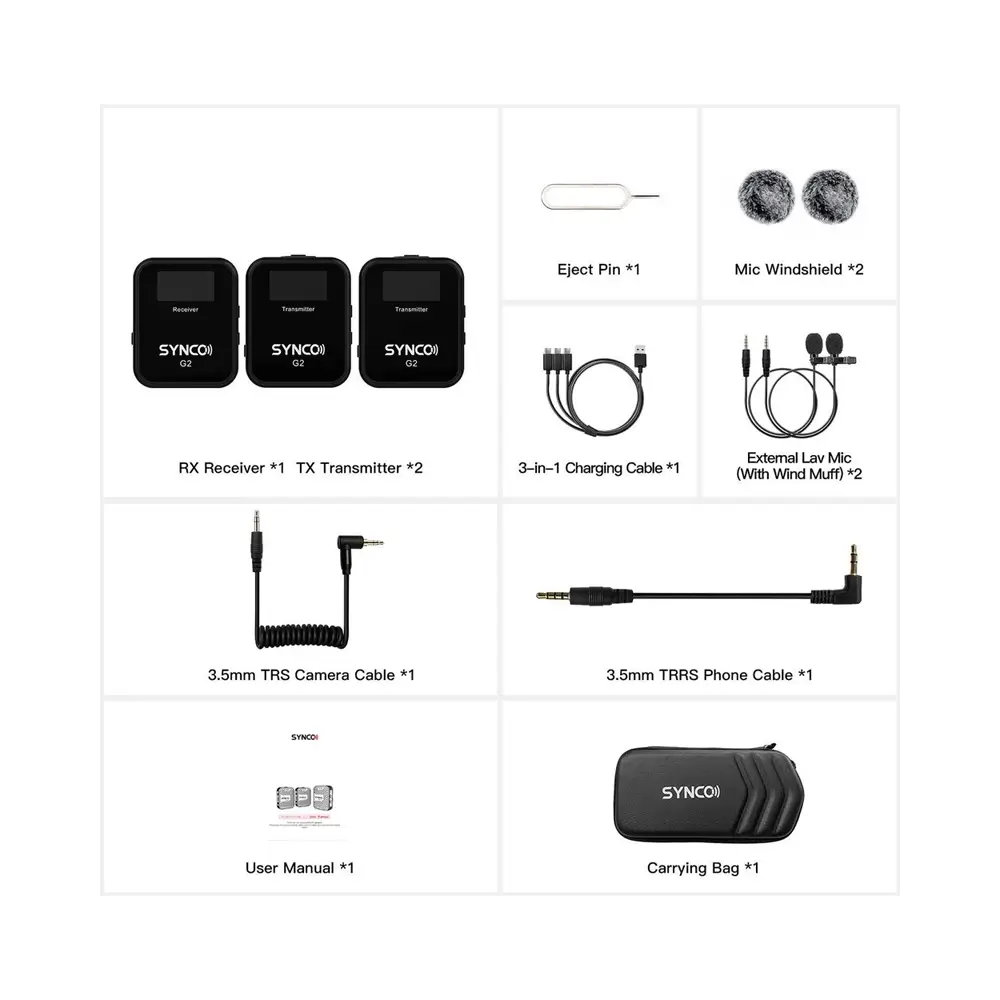 synco-g2a2-6 SYNCO G2(A2) Quality Dual Wireless Microphone, 2 Transmitters, 8h Recording, 200m Transmission Range, TFT Screen - Image 6